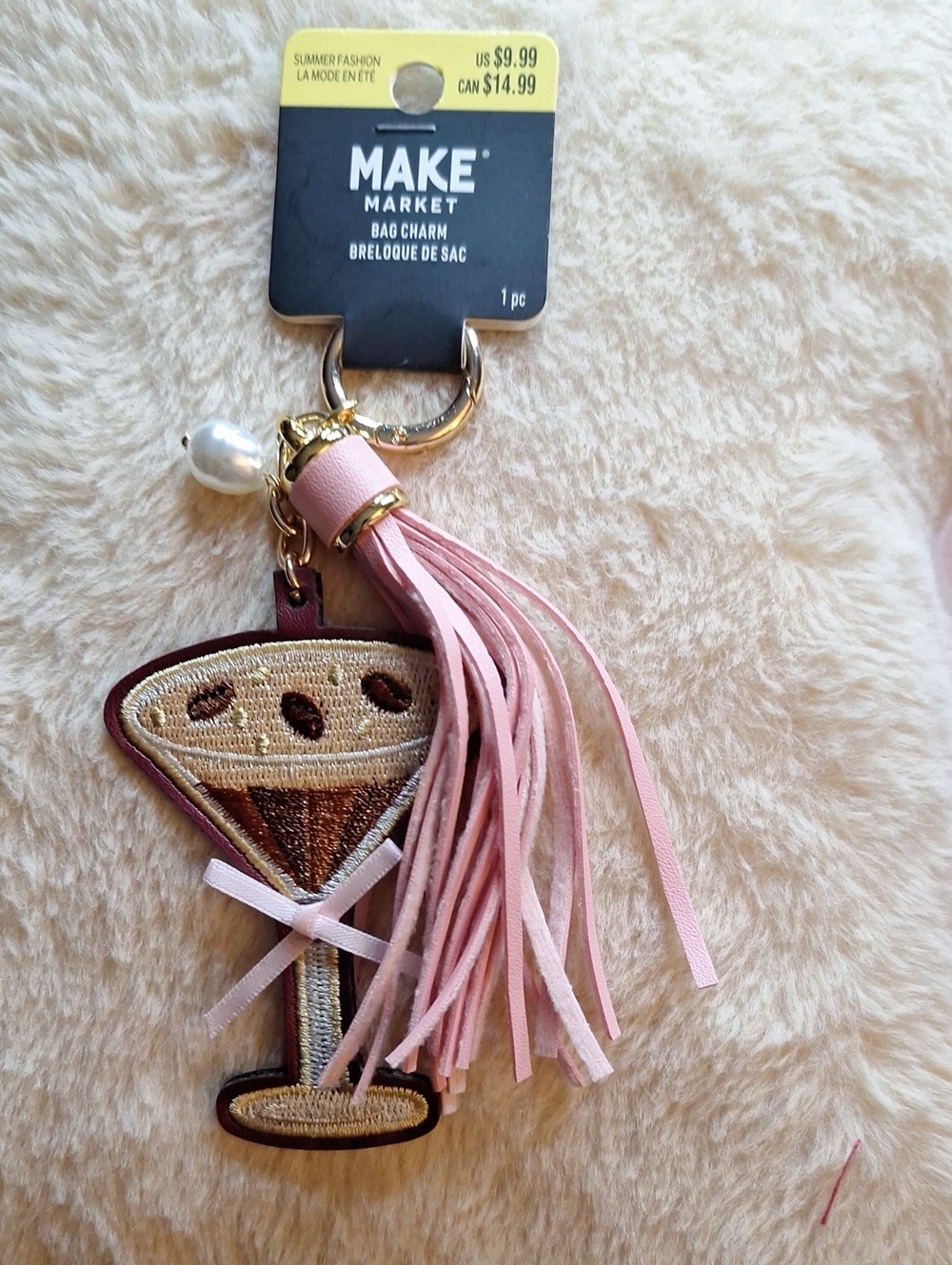 Makers Market Pink Tassel Martini Bag Charm with Pearl